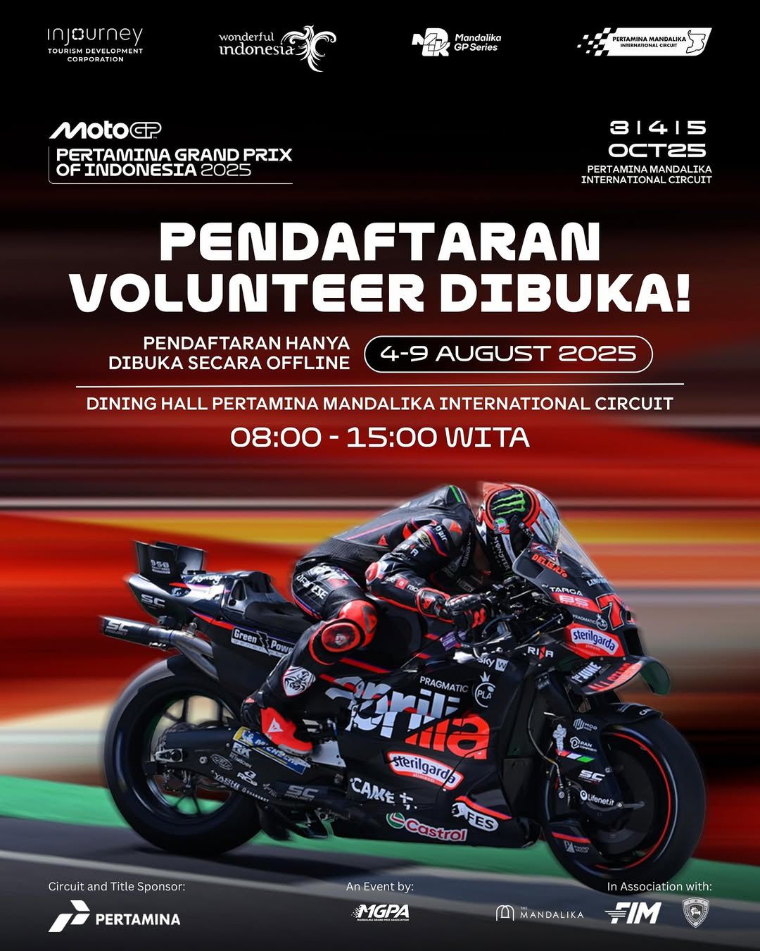 Volunteer registration for Pertamina Grand Prix of Indonesia 2025 at Mandalika Circuit.