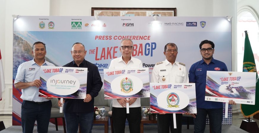 The press conference of the Lake Toba GP 2025 at Balige, featuring Aquabike and F1H2O World Championships.